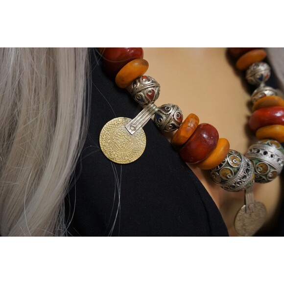 Berber Coin Necklace: Enamel & Copal Beads, Moroccan Tribal Style - Picture 10 of 10